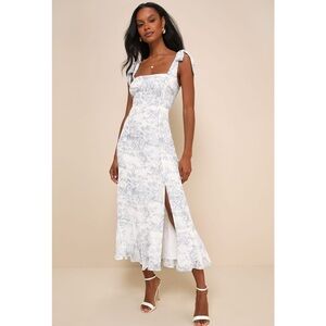 Lulus Summer Invite White and Blue Toile Tie-Strap Tiered Midi Dress NWT Medium